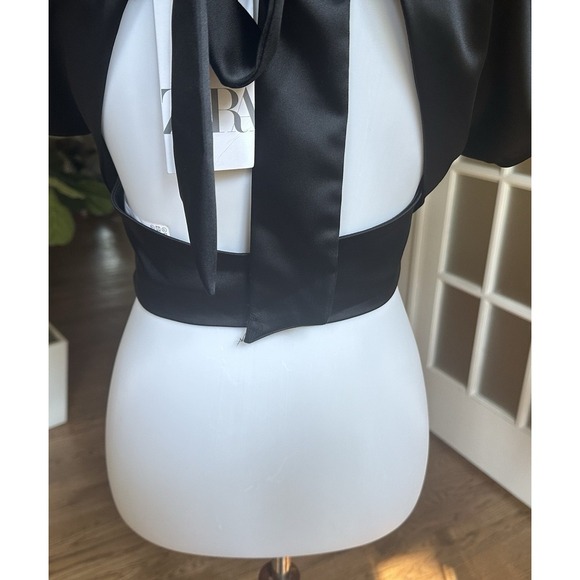 Zara Black Satin Crop Top Twist Front Open Back Tie Size Small S Party Evening - Picture 5 of 6